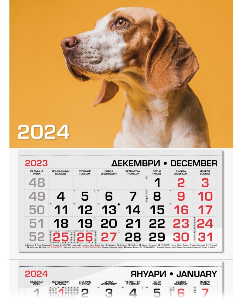 Трисекционен календар - Куче 2024 Трисекционен календар - Куче 2024 - календар