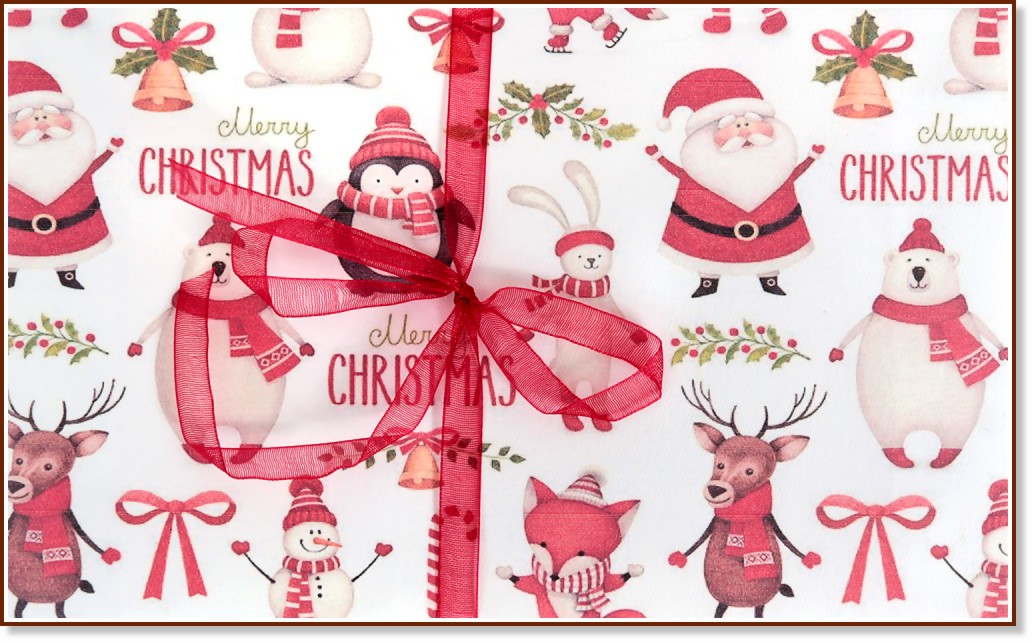 Поздравителна картичка - Дядо Коледа с еленче, пингвинче и мече - картичка