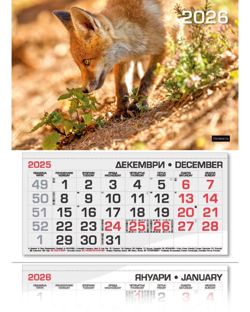 Трисекционен календар - Лисица 2026 Трисекционен календар - Лисица 2026 - календар