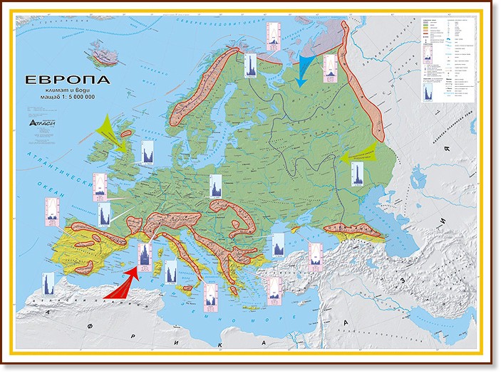 Европа - климат и води - Стенна карта - М 1:5 000 000 - карта