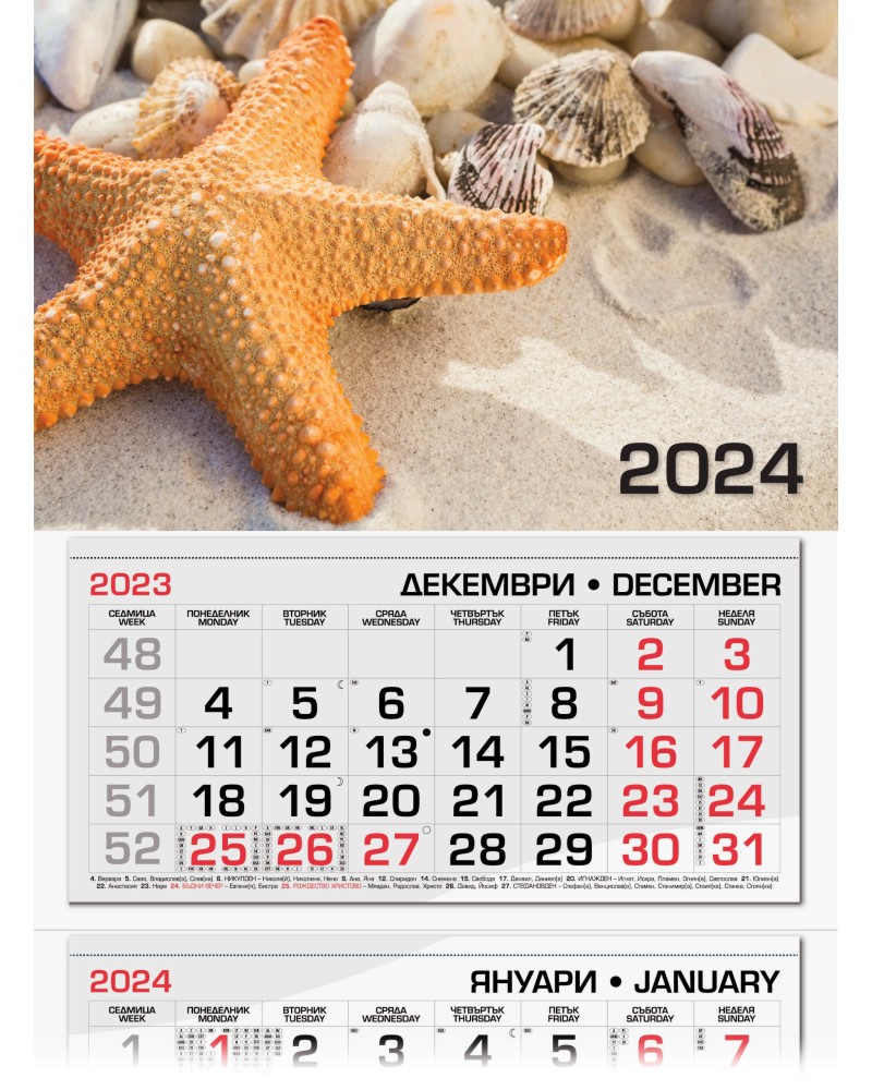 Трисекционен календар 2024 - Морска звезда - store.bg