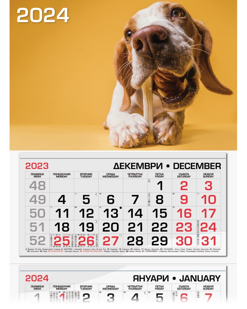 Трисекционен календар - Куче 2024 Трисекционен календар - Куче 2024 - календар