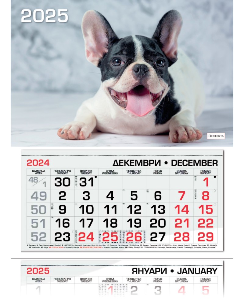 Трисекционен календар за 2025 с френски булдог - store.bg