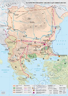 Стенна историческа карта: България при княз Борис I 852 - 889 и цар Симеон 893 - 927 - M 1:1 100 000 - карта